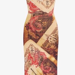 Roberto Cavalli Red and Brown Dragon Print Midi Dress